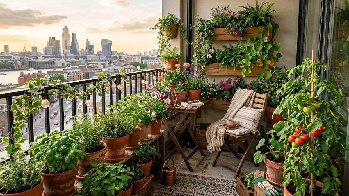 Urban apartment balcony filled with layered potted herbs flowers and vegetables showing why small balcony gardens are becoming popular. 