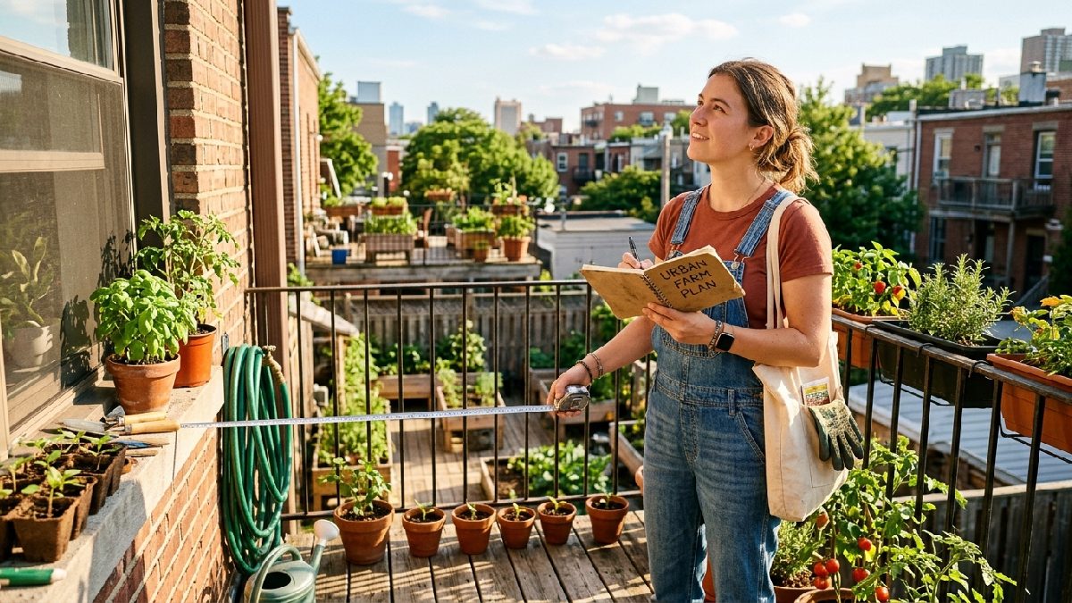 Beginner choosing best urban farming space by assessing sunny balcony rooftop backyard and windowsill areas for sunlight exposure and water access.