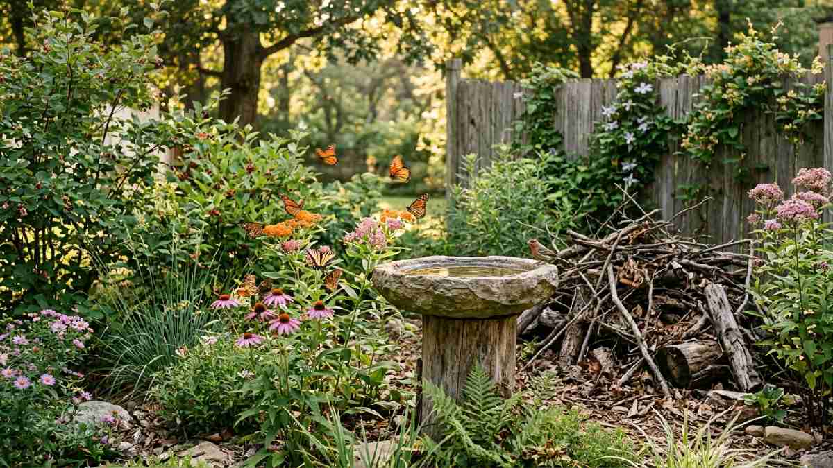 Bird bath, brush pile, and native shrubs showing how to create wildlife-friendly spaces in gardens.
