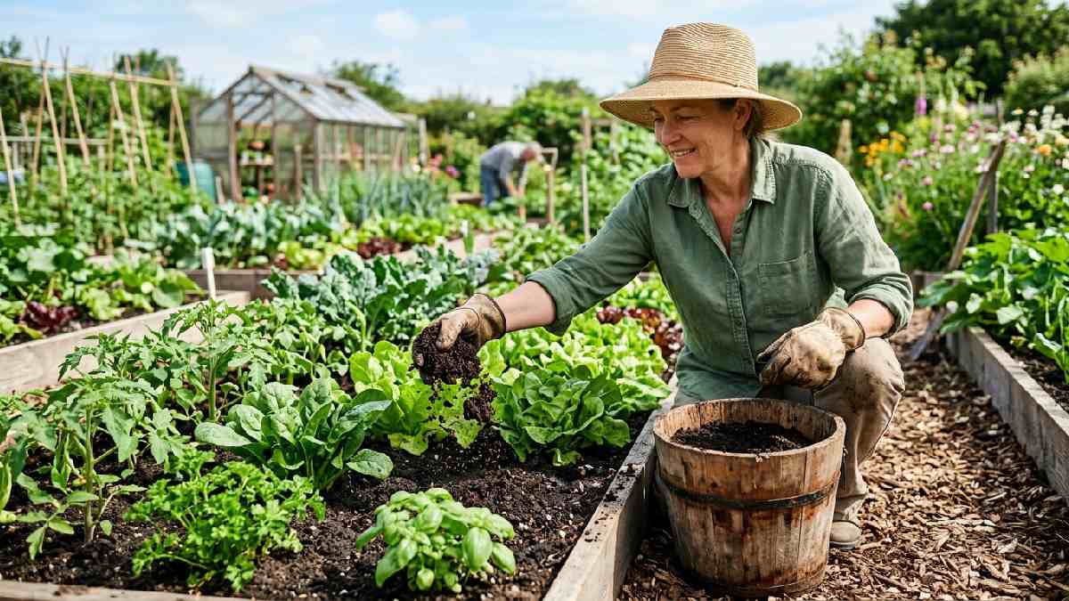 Gardener applying organic compost fertilizer to vegetable bed by hand showing chemical-free natural fertilizing methods.