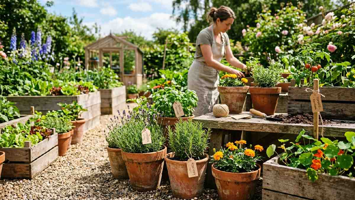 Wooden terracotta pots with biodegradable twine show how to reduce plastic use in garden settings.