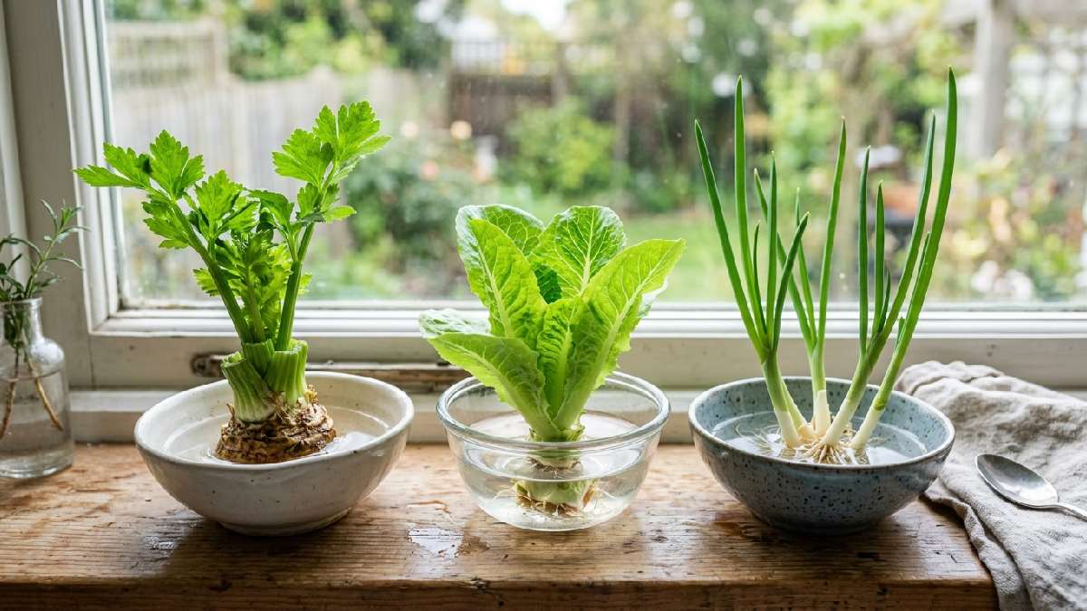  Celery lettuce and green onion scraps regrowing in water bowls on windowsill showing how to regrow vegetables from kitchen waste.