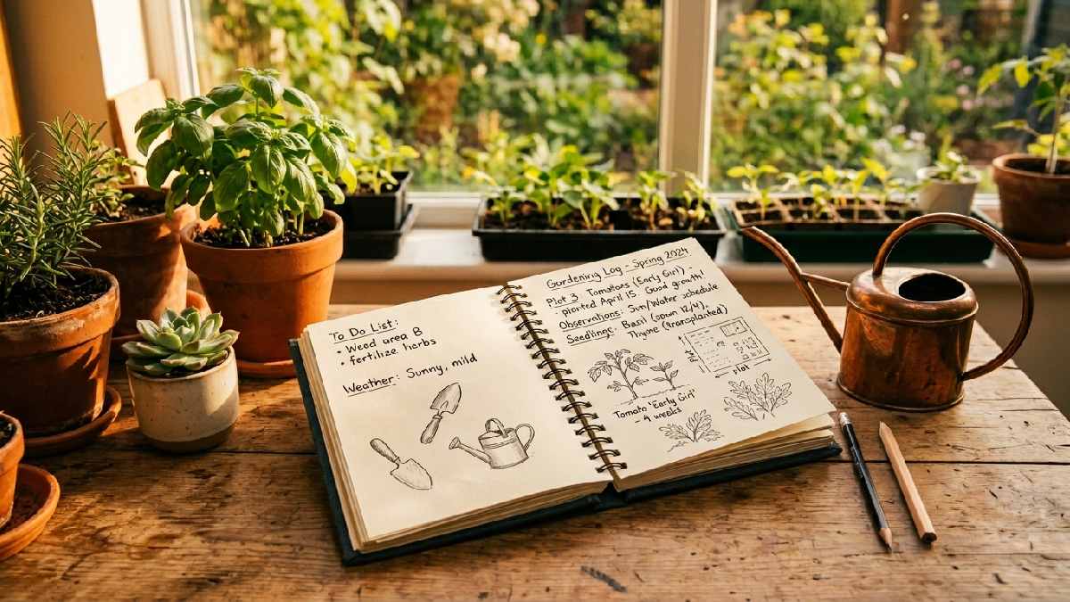 Open a journal with notes beside potted plants showing the benefit of keeping a gardening journal regularly.
