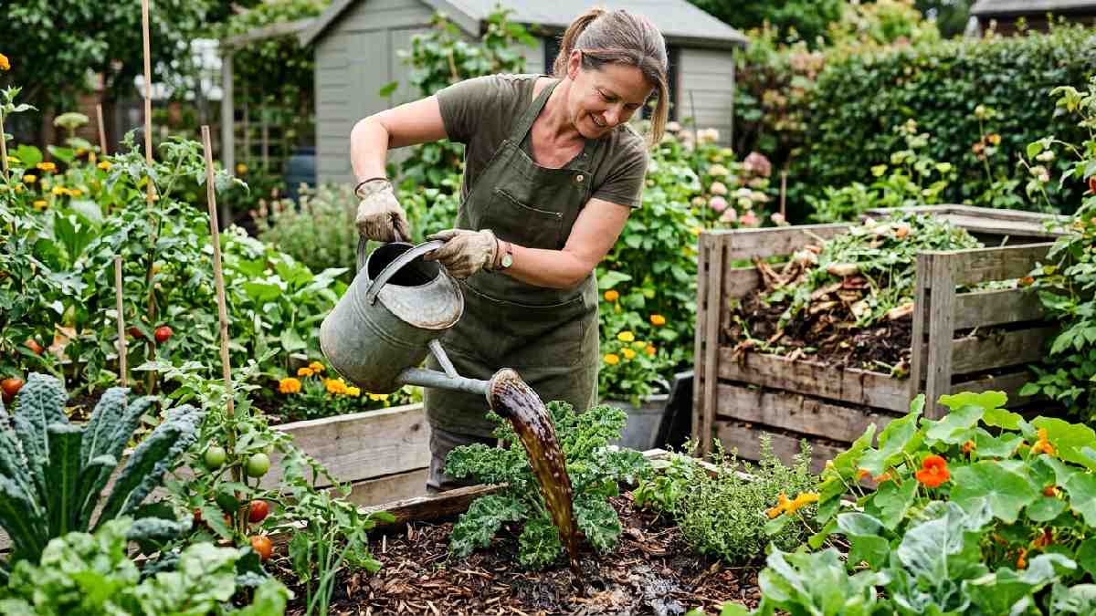 Gardener pouring dark compost tea liquid fertilizer from bucket onto plants showing how to create natural compost tea fertilizer.