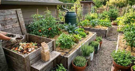 Zero waste garden tips for beginners showing compost bin, rain barrel, saved seeds, reclaimed wood, raised beds, mulch, and upcycled containers.