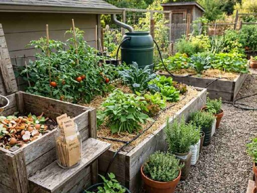 Zero waste garden tips for beginners showing compost bin, rain barrel, saved seeds, reclaimed wood, raised beds, mulch, and upcycled containers.
