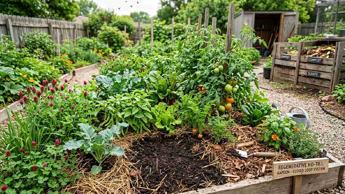 No-till bed with cover crops and mulch showing how to adopt regenerative gardening practices effectively today.