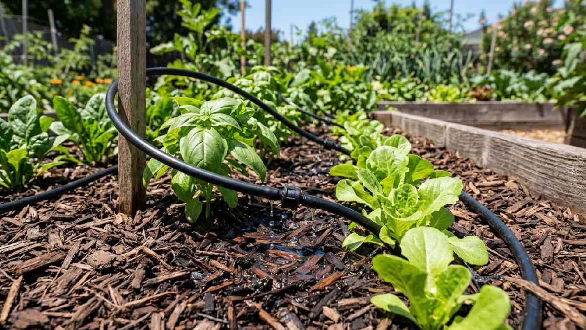 Drip irrigation system delivering water directly to plant roots in mulched bed showing water-efficient gardening techniques. 