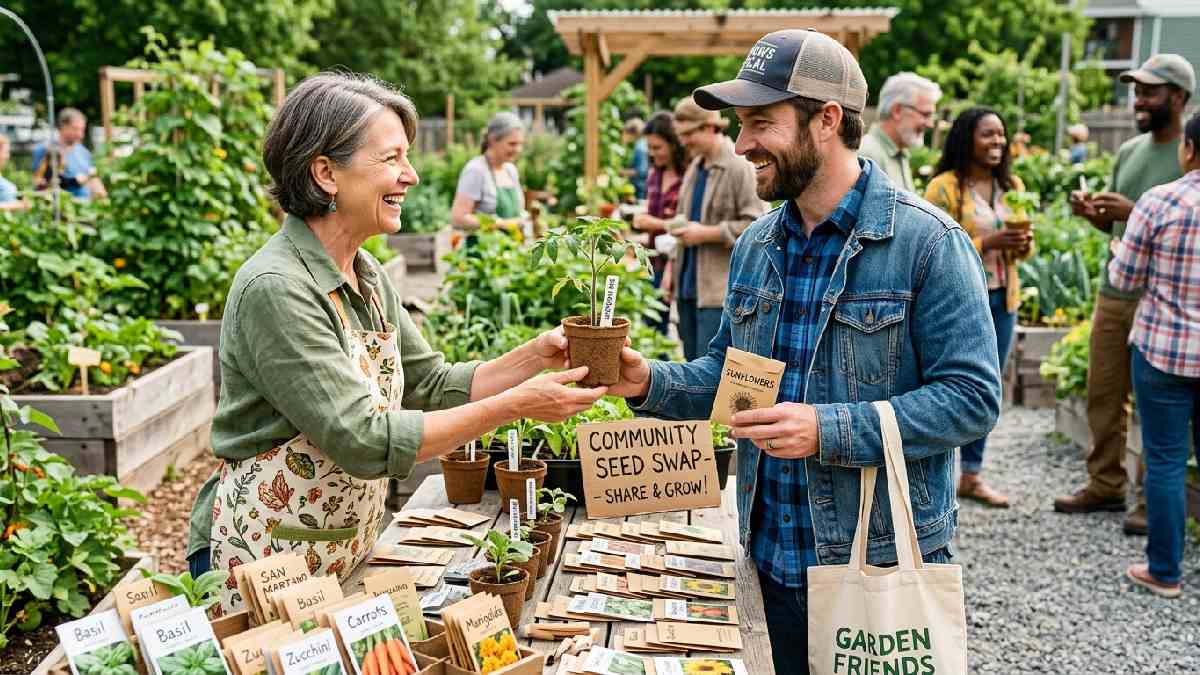 Neighbors exchanging seedlings and seed packets at community table showing how to share seeds and plants locally with others.
