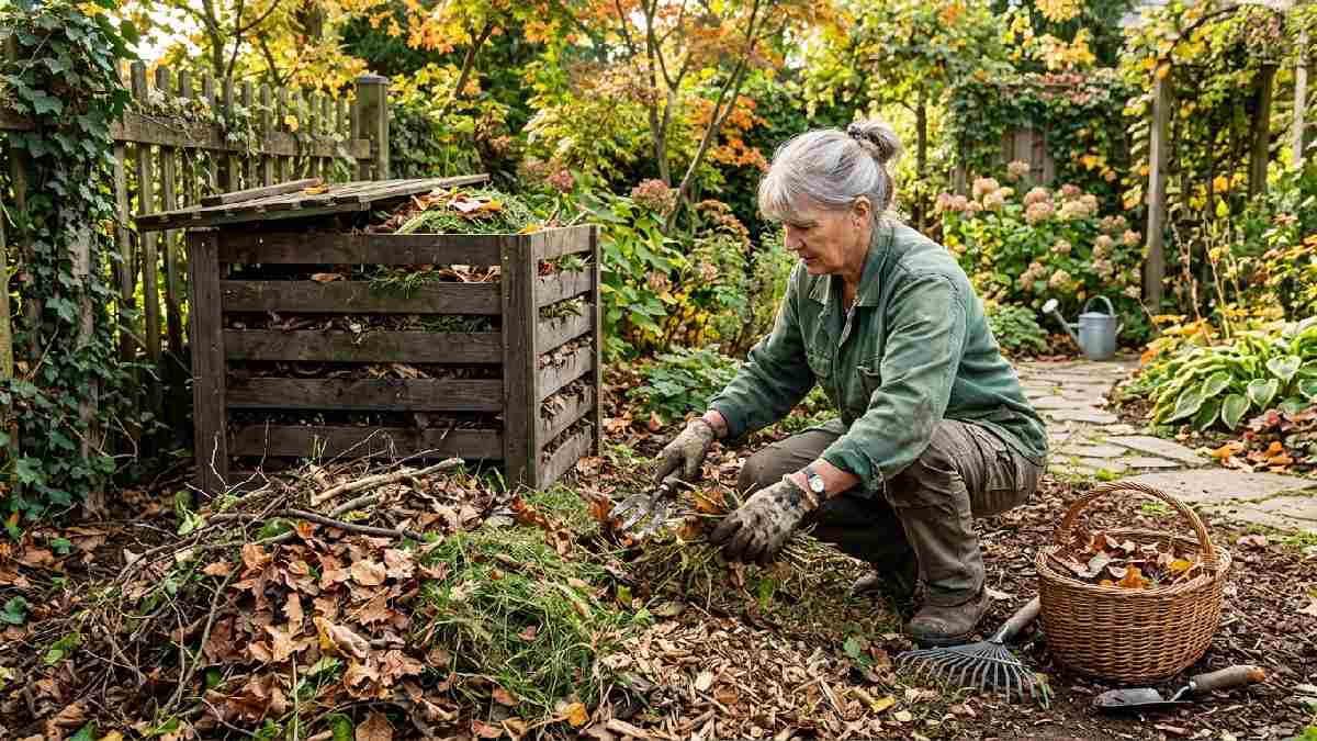  Gardener sorting fallen leaves twigs and grass clippings into natural recycling pile showing how to recycle garden waste. 