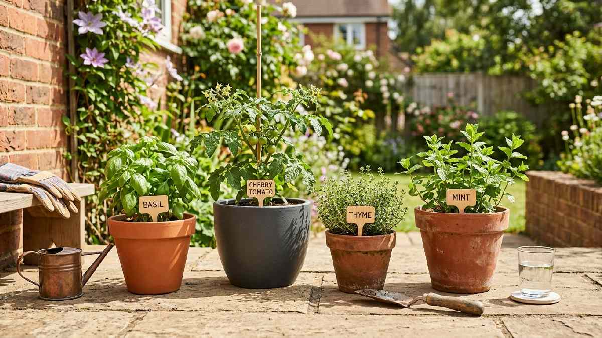 Small beginner container garden with a few herb and vegetable pots showing how to start small and expand gradually over time.