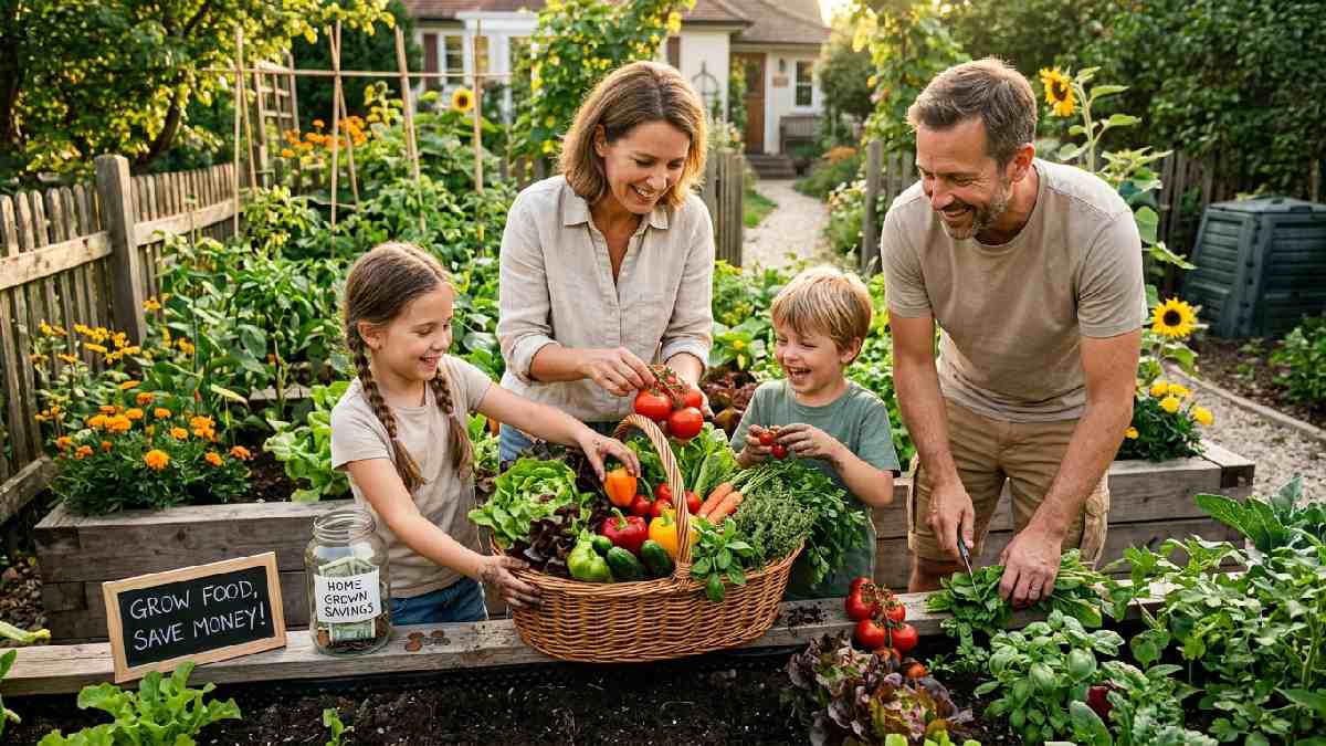 Benefits of growing food at home showing happy family harvesting fresh tomatoes lettuce peppers herbs from sunny raised bed backyard garden.