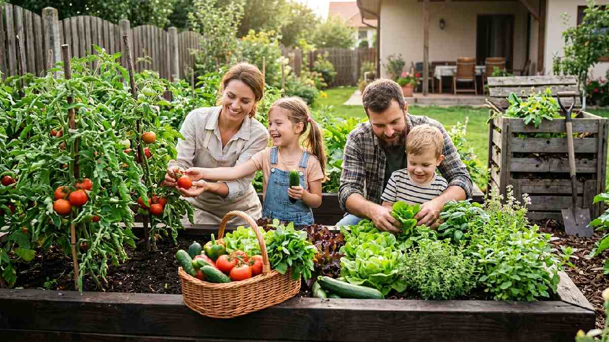 Benefits of growing organic food at home show family harvesting fresh chemical-free tomatoes, lettuce, herbs, and cucumbers from a lush raised backyard garden.