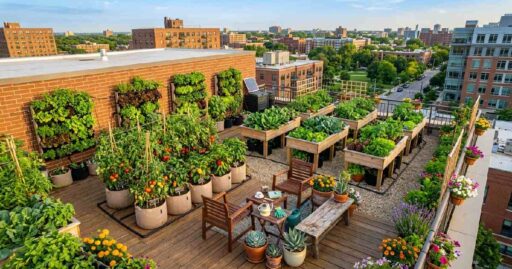 Rooftop garden ideas for beginners showing fabric grow bags vertical planters raised boxes herbs tomatoes peppers and seating area on city rooftop.