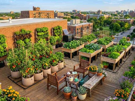 Rooftop garden ideas for beginners showing fabric grow bags vertical planters raised boxes herbs tomatoes peppers and seating area on city rooftop.