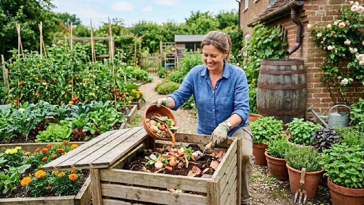 Gardener composting kitchen scraps in terracotta pots with rainwater barrel showing sustainable zero waste gardening practices in backyard. 