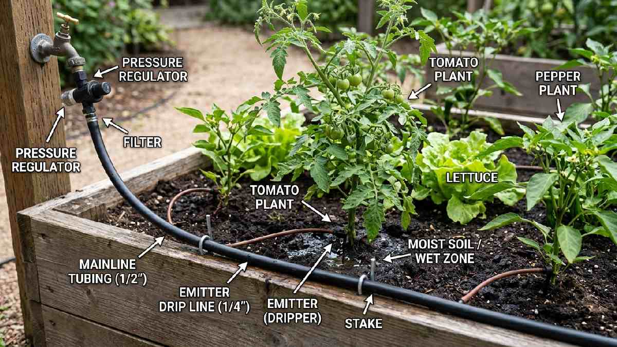 Drip irrigation system showing black mainline tubing, emitter drip lines, water droplets at plant roots, pressure regulator, and filter in raised garden bed.