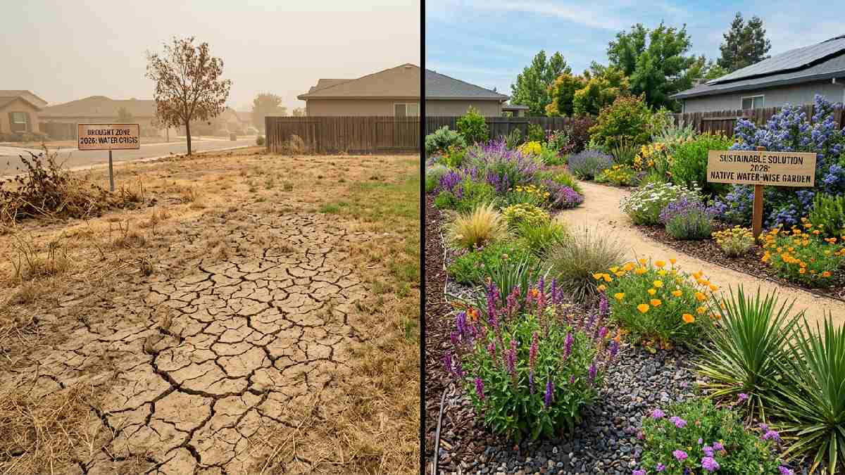 Dry lawn beside thriving native garden showing why sustainable gardening matters more in 2026 for climate resilience.
