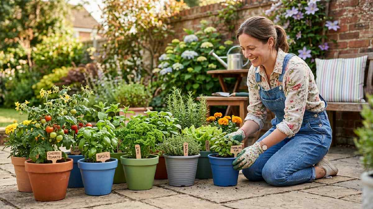  Beginner gardener kneeling beside colorful potted vegetables showing key benefits of container gardening for beginners outdoors. 