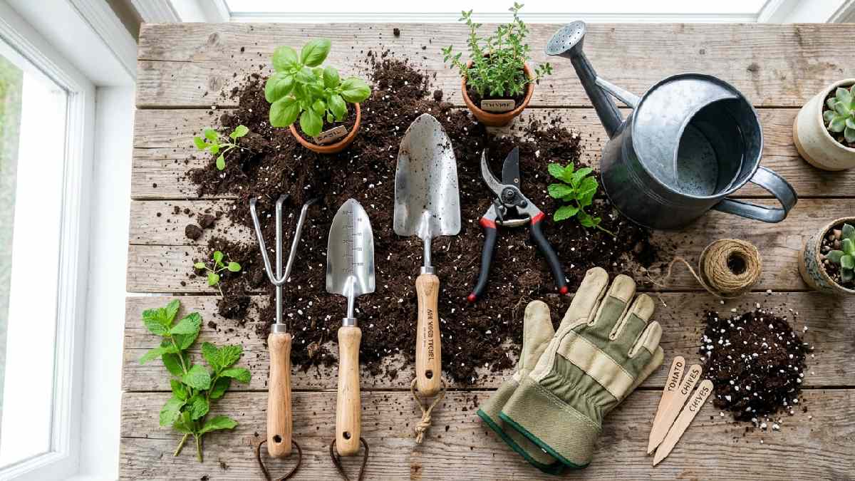 Hand trowel, pruning shears, watering can, gloves, and rake arranged together showing essential tools needed to start gardening. 