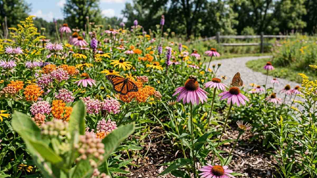 Native wildflowers with bees and butterflies show the benefits of growing native plants in home garden beds.