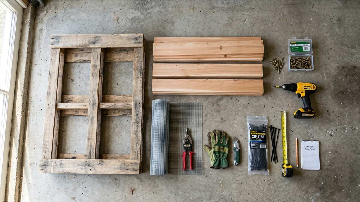Wooden planks, drill screws, zip ties, hardware cloth, and gloves are all materials required to make a compost bin at home. 