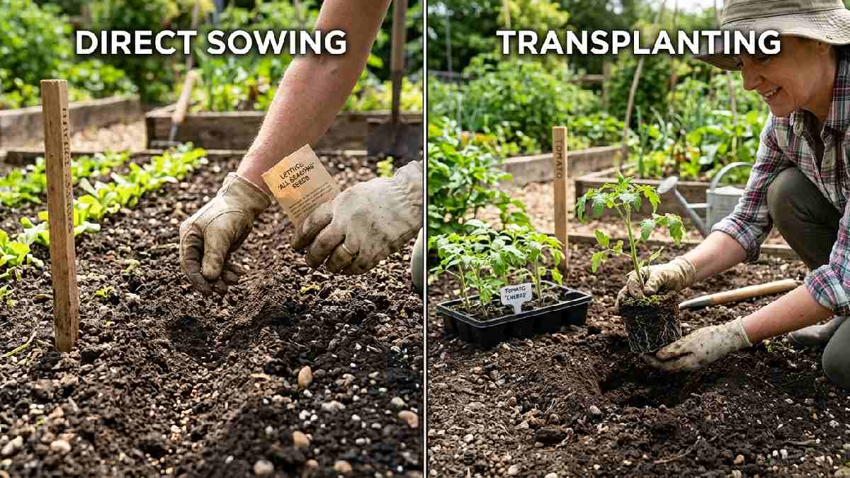 Hands sowing seeds directly into soil versus transplanting a seedling from tray showing the difference between direct sowing and transplanting. 