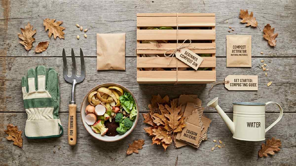 Compost bin, gloves pitchfork, vegetable scraps, dry leaves, and watering can showing everything you need to start composting at home.