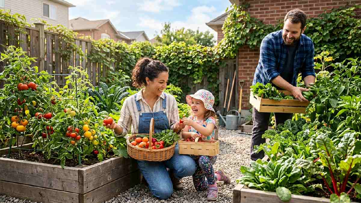Family harvesting fresh vegetables from backyard urban farm garden showing health and money saving benefits of home urban farming.
