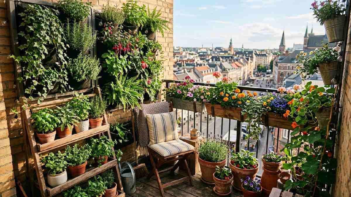 Small balcony with vertical wall planters, railing planters, and tiered shelves showing best garden ideas for compact outdoor spaces.