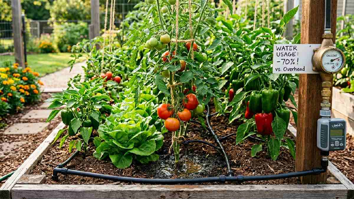 Benefits of a DIY drip irrigation system include water-efficient root-level delivery, healthy plants, reduced water usage, an automatic timer, and no wet foliage or disease.