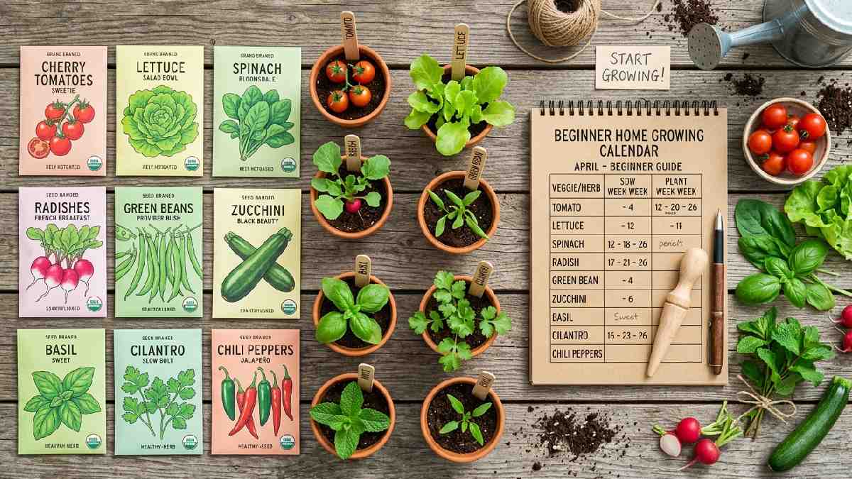 Best foods for beginners to grow at home including cherry tomatoes lettuce spinach radishes green beans zucchini basil cilantro mint and chili peppers.