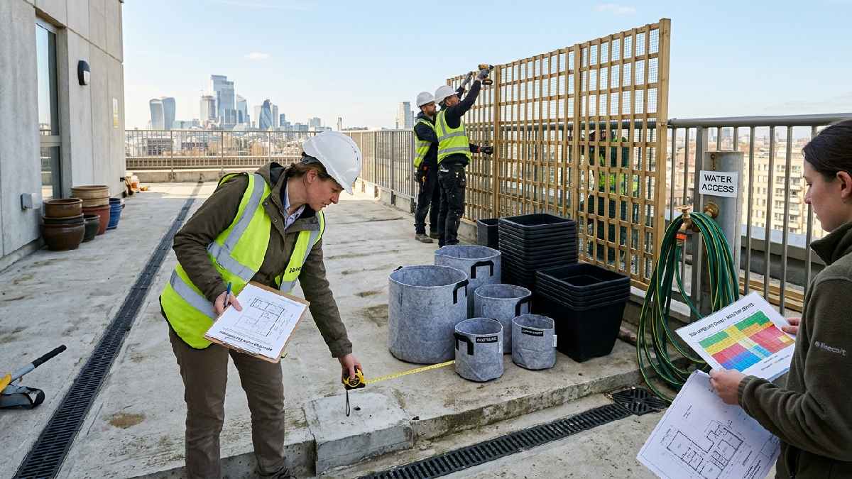 Things to consider before a rooftop garden include structural load capacity, wind barriers, water access, sun exposure, drainage, and lightweight container selection. 