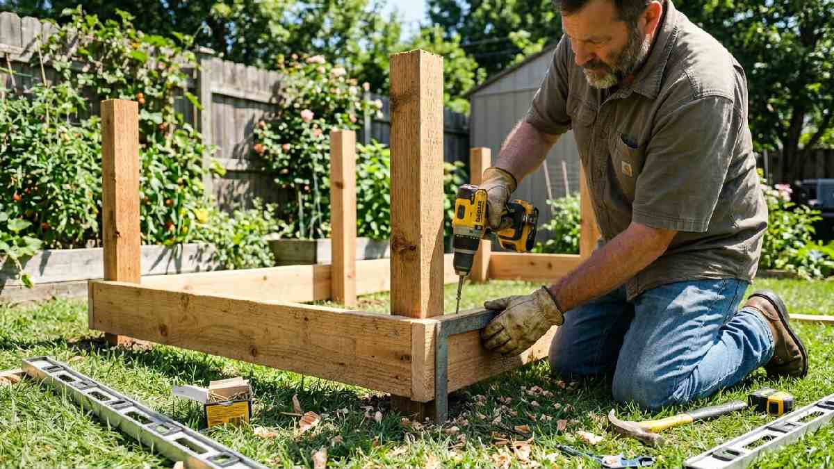 DIY raised garden bed wooden frame being built with corner posts cedar boards power drill screws and framing square in backyard. 