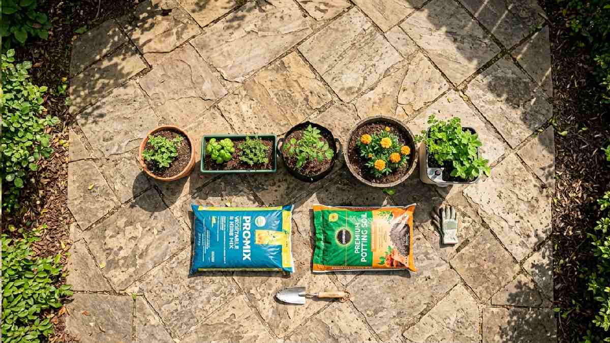  Terracotta plastic fabric and wooden containers arranged together show how to choose the right containers for gardening. 