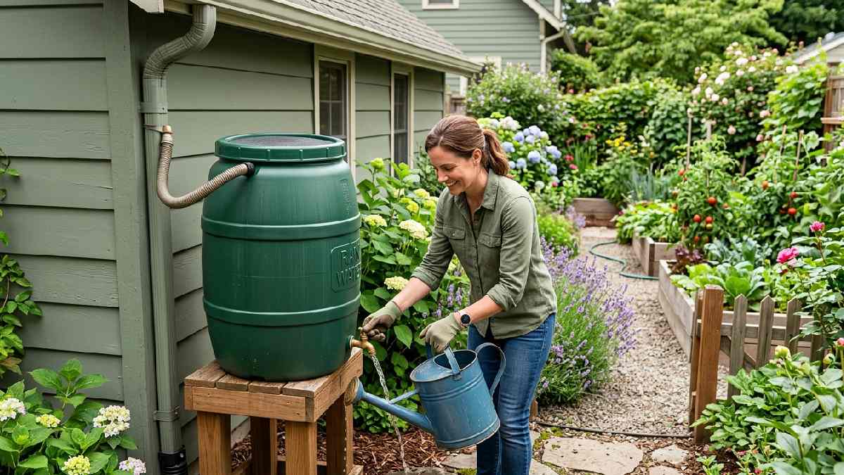 Rain barrel connected to gutter filling, watering can showing how to collect rainwater for garden irrigation.