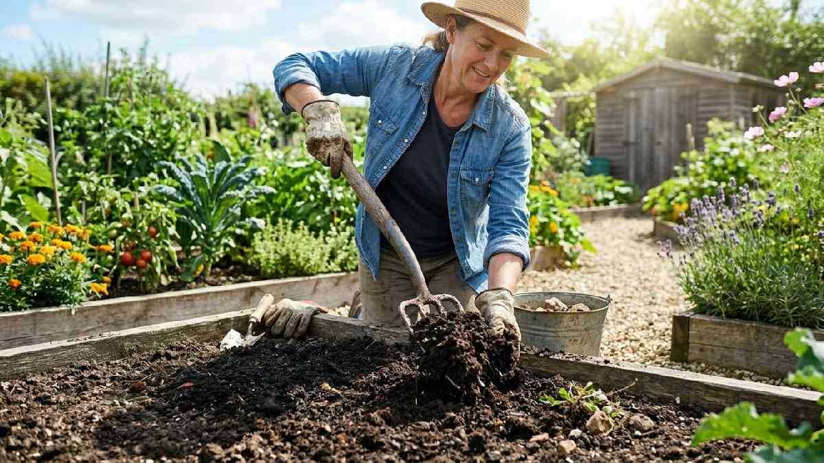 Gardener turning soil with garden fork and adding compost showing how to prepare healthy soil for home gardening beginners. 
