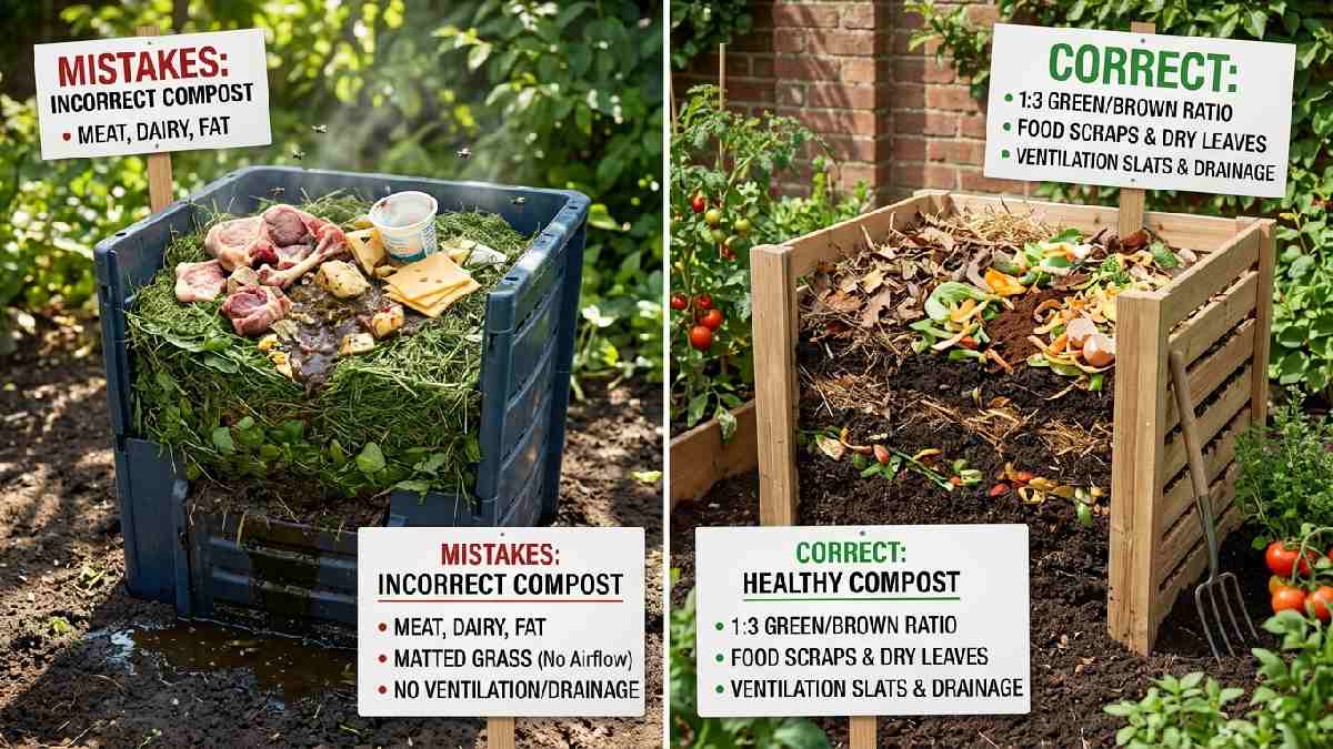 Wrong compost bin with meat scraps and matted layers versus correct layered bin showing common composting mistakes to avoid. 
