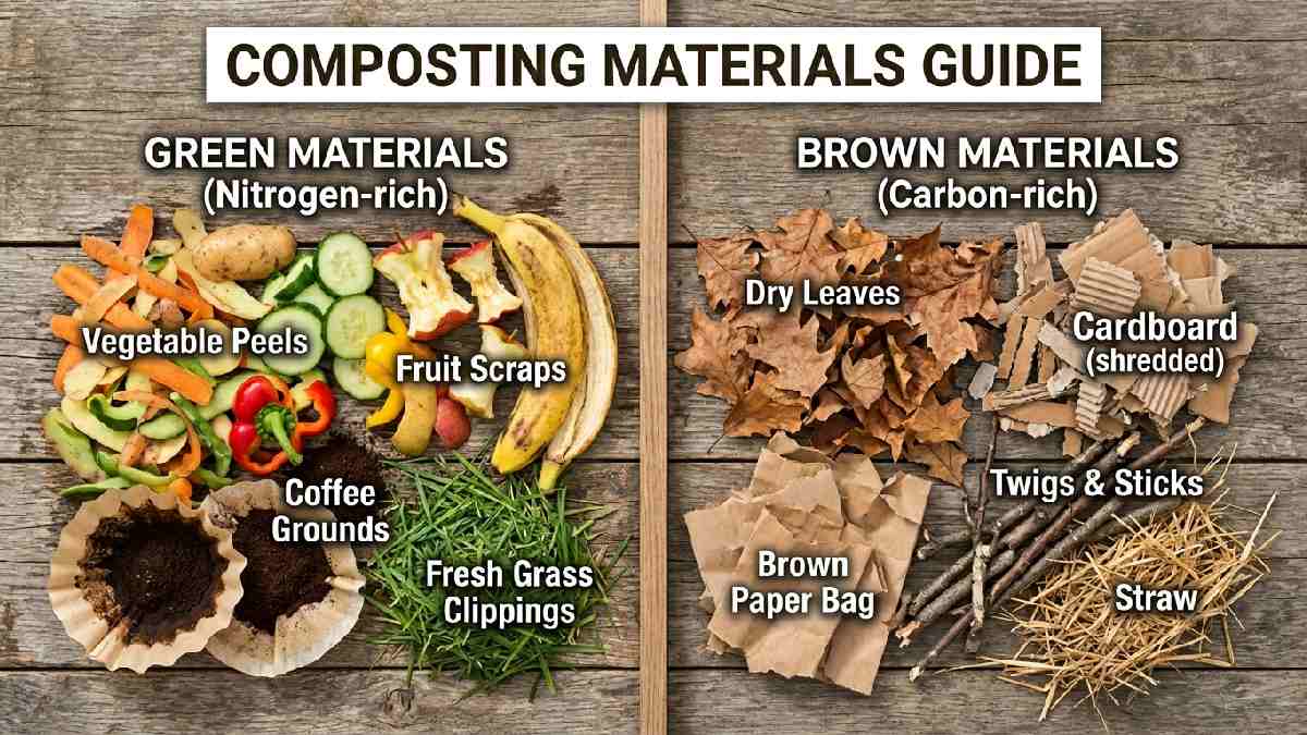 Green vegetable scraps and coffee grounds beside brown dry leaves, cardboard, and twigs, showing composting green and brown materials guide.
