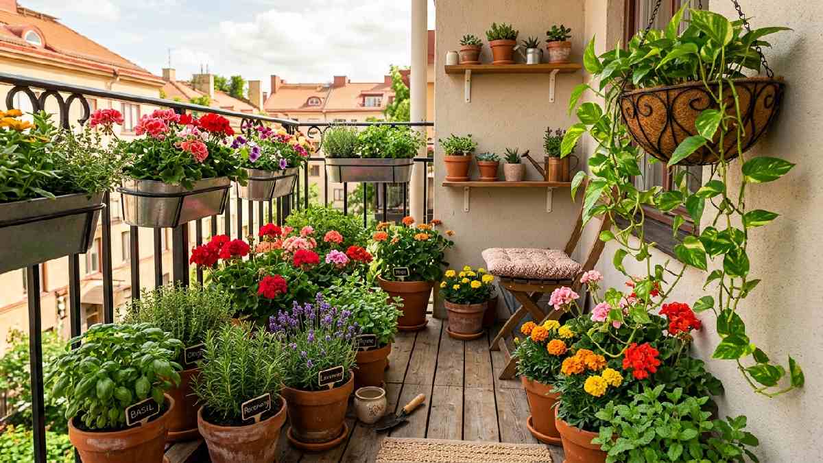 Small sunny balcony with potted herbs geraniums marigolds and trailing pothos showing best plants for compact balcony gardens.