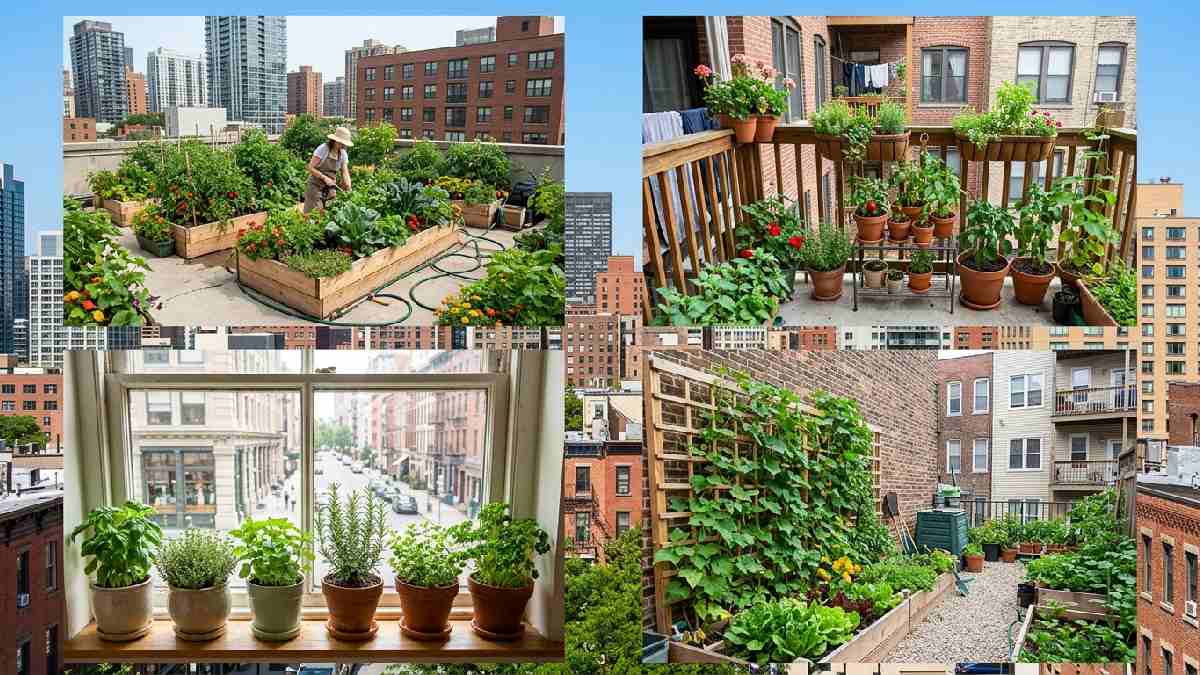 Rooftop balcony windowsill and backyard urban farming spaces shown together representing the best locations for growing food at home.
