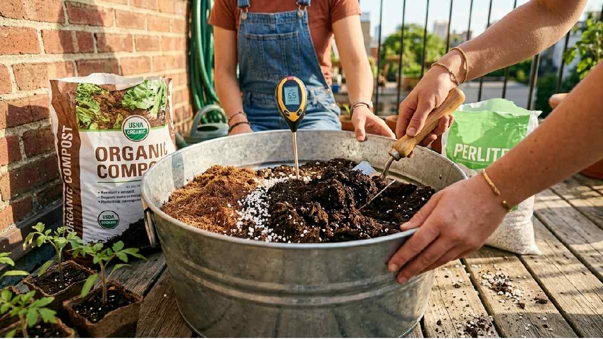 Urban farming soil mix preparation combining dark compost coconut coir perlite and topsoil in mixing tub with soil pH meter nearby.