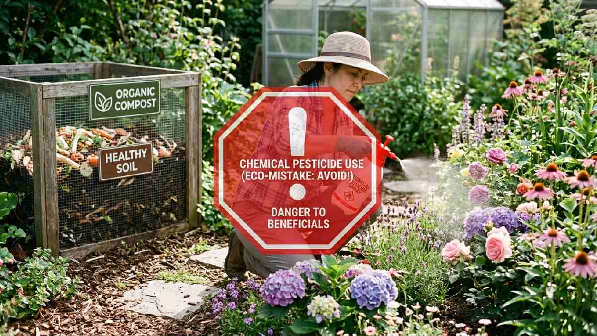 A gardener spraying chemical pesticide near flowers shows common sustainable gardening mistakes beginners should carefully avoid.