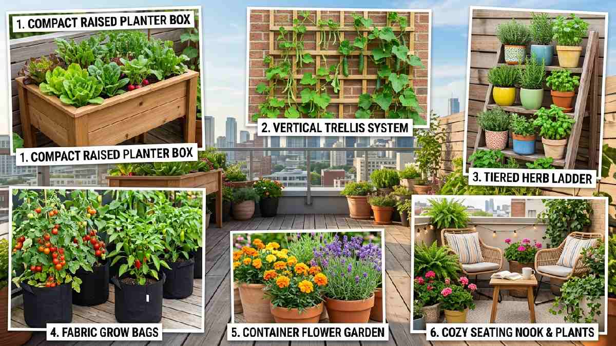 Best rooftop garden ideas for beginners including raised planter boxes vertical trellis grow bags tiered herb shelves flower containers and cozy seating nook. 