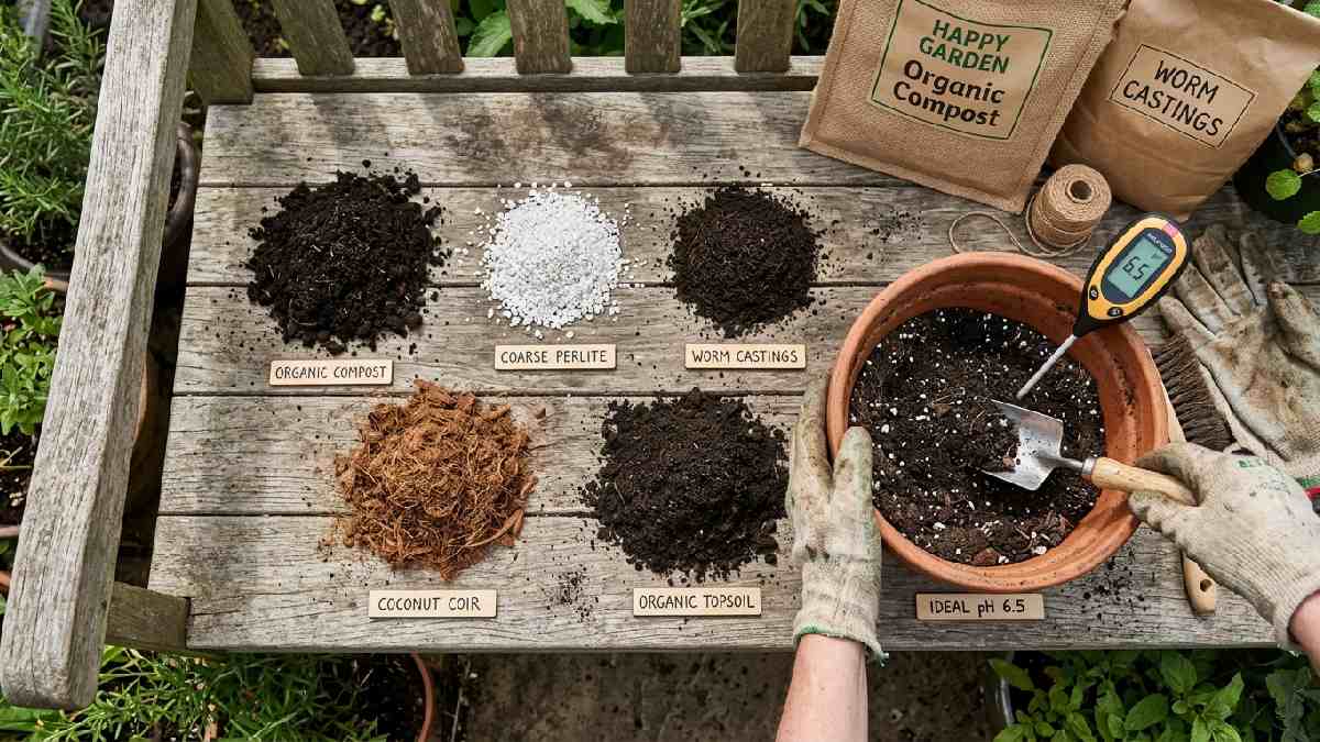 Best soil for organic gardening showing dark compost coconut coir perlite worm castings vermicompost and organic topsoil mixed together for nutrient-rich growing.