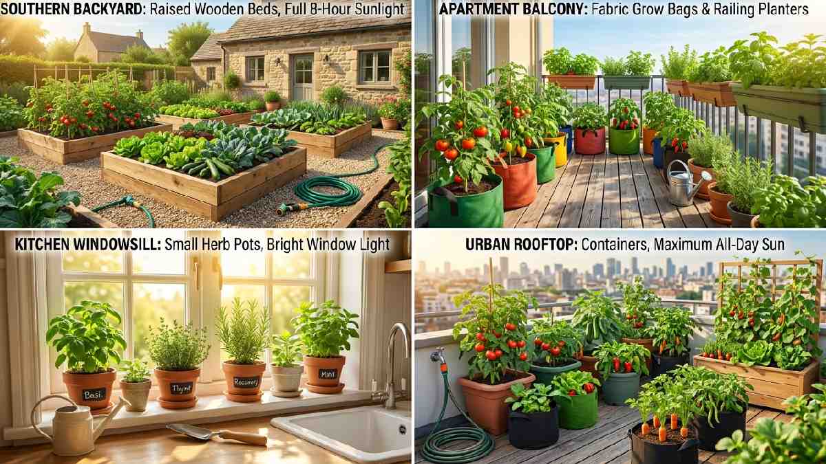 Choosing the right gardening space, showing sunny backyard raised beds, apartment balcony, grow bags, kitchen windowsill herb pots, and rooftop container vegetable garden.