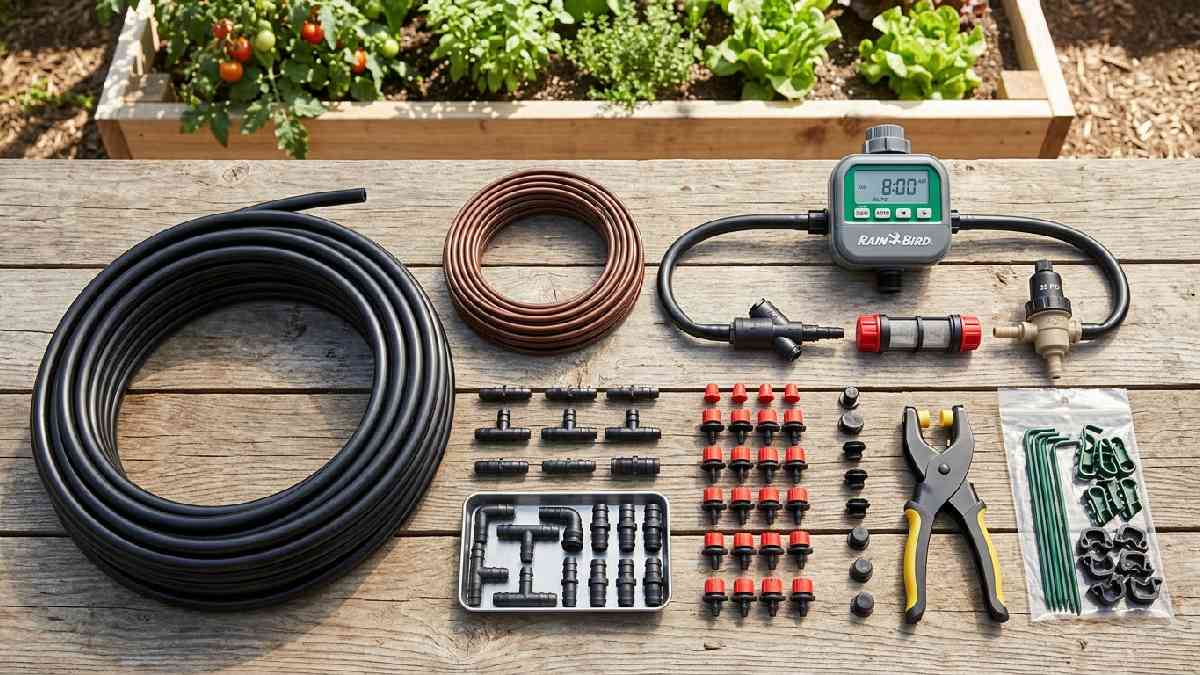 Materials needed for a DIY drip irrigation system, including mainline tubing, micro drip lines, emitter heads, barbed fittings, hole punch, timer, and pressure regulator.