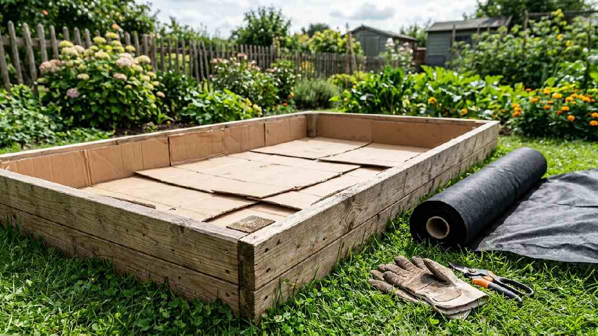 Raised garden bed bottom being lined with overlapping cardboard sheets and landscape weed barrier fabric to prevent weeds and improve drainage. 