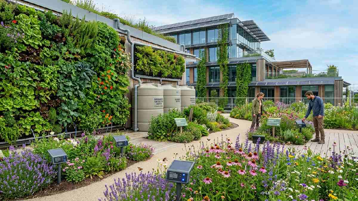Smart sensors, vertical walls, and rainwater tanks show future trends in sustainable gardening for 2026 landscapes.