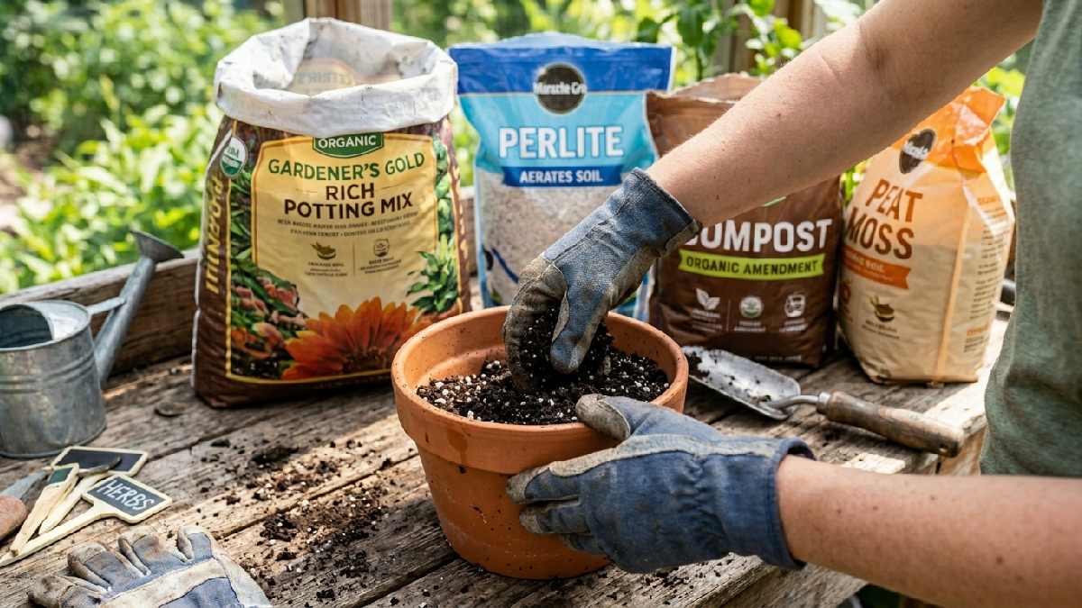 Hands scooping rich potting mix into a terracotta pot, showing the best soil ingredients for a container gardening setup. 